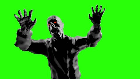 Grim zombie attack with open arms. 3D looped animation in genre of horror. Evil demon monster run. Scary character on green background.

