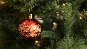 Detailed red bauble hanged on the branch 4K 2160p 30fps UltraHD footage - Shiny Christmas tree decoration close-up 3840X2160 UHD video