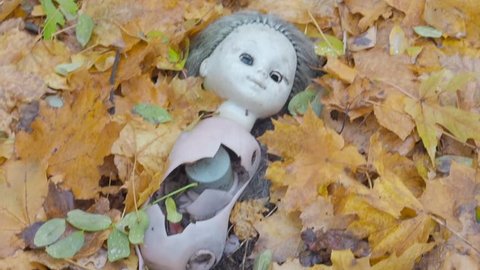 Broken doll toy for childrens lying on autumn fallen leaves in abandoned ghost town Pripyat Ukraine after famous accident at nuclear power plant.
