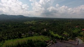 Aerial footage of idyllic village houses in asia located near rainforests and mountains,bird's eye view of vast area of farmlands with agricultural plantation of cultivating rice in valley near hills