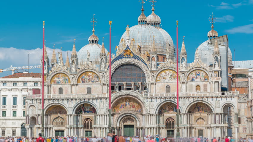 Basilica of St Mark timelapse. It is cathedral church of Roman Catholic Archdiocese of Venice. It lies at Piazza San Marco. Tourists walking in front of it. First St Mark