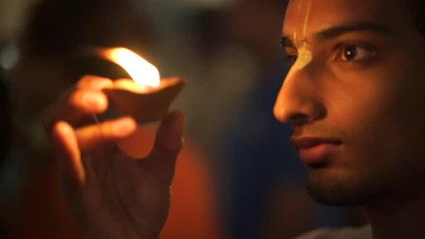 Vrindavan - 10.10.2017: Many people participate in Hare Krishna Kartik light offering ceremony in Vrindavan ISKCON temple
