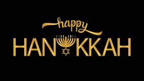 Happy Hanukkah. 2d animation hand written lettering with a golden letters, menorah and Star of David. Lettering of jewish holiday. Animation calligraphy with alpha channel - Powered by Shutterstock - Get 15% off with code: PIKWIZARD15