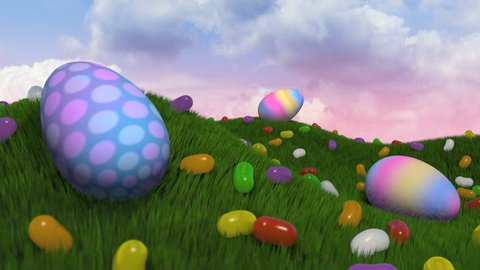Easter Title Intro.   A short journey past easter eggs and jelly beans on grassy hills. Camera comes to a stop and "Happy Easter" appears with subtle particle emission.