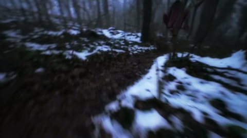 Scared woman escaping from someone who chases her in the forest