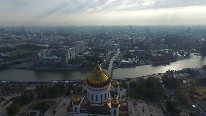 Aerial view of Moscow through the Cathedral of Christ the Savior
