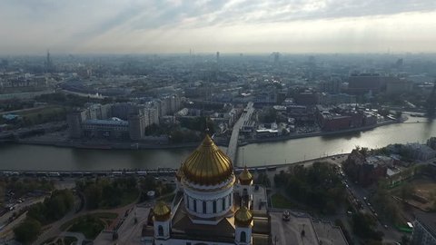 Aerial View Moscow through Cathedral Christ Savior