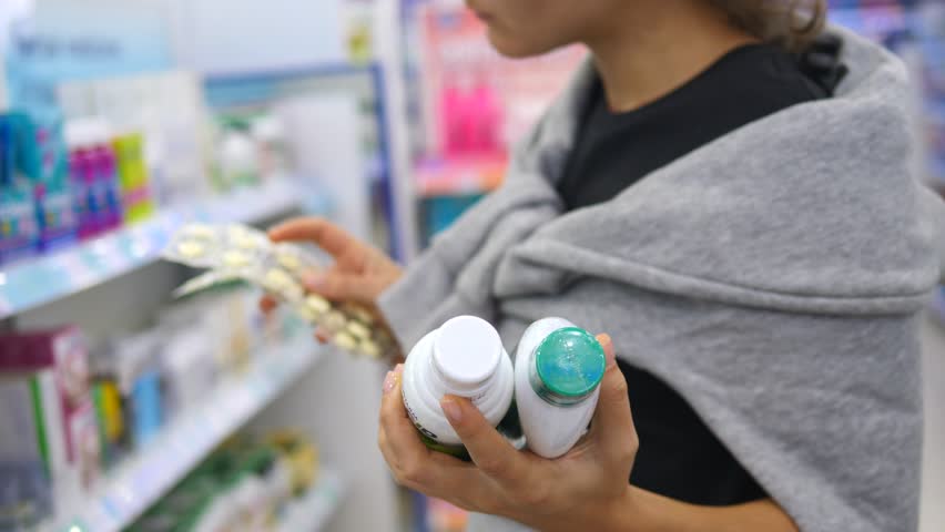 Female Purchaser Shopping For Medicine At Pharmacy. Closeup. 4K. 