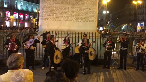 MADRID, SPAIN - OCTOBER, 2016: Mariachi band at the Puerta del Sol square in October, 2016 in Madrid, Spain. Puerta del Sol is a famous town square of Madrid.