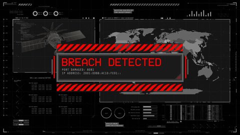 Breach detected red warning message on screen, hackers stealing satellite data. Emergency alert message on screen, hacking in progress