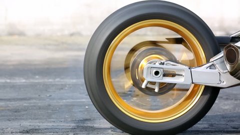 Motorbike or Motorcycle spinning wheel make tire warm up with smoke on asphalt street road race track, Acceleration modify motorcycle motion action spinning wheel with smoke for race.