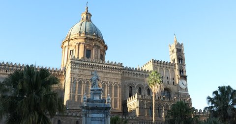 Palermo, Sicily, Italy. Dec 08 2017: The Cathedral of Palermo. Details of the dome cupola, of the clock tower and of external arabic and gothic decorations. Ita: Cattedrale di Palermo, Sicilia