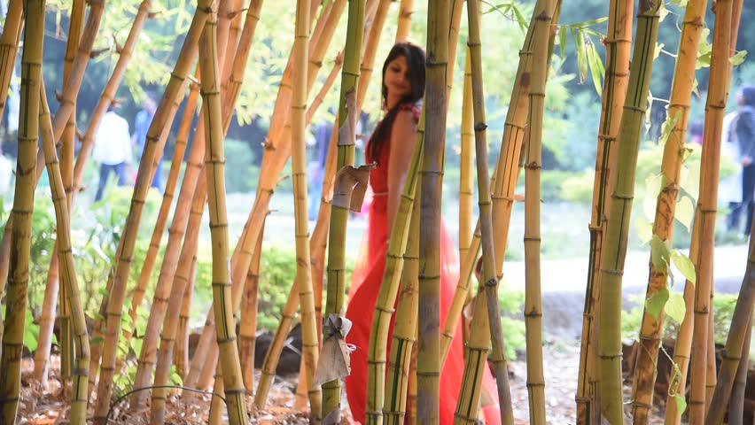 Happy girl smiling in bamboo park, Girl red dress walking on bamboo Forest.
