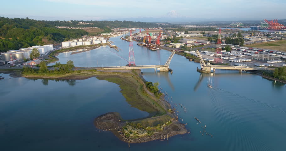 Tacoma Washington Ship Crosses Through Drawbridge Mount Rainier Background