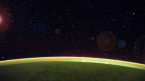 ISS view of rotating planet earth with aurora and star galaxy with flare effect. Created from Public Domain images, courtesy of NASA JSC : http://eol.jsc.nasa.gov. 