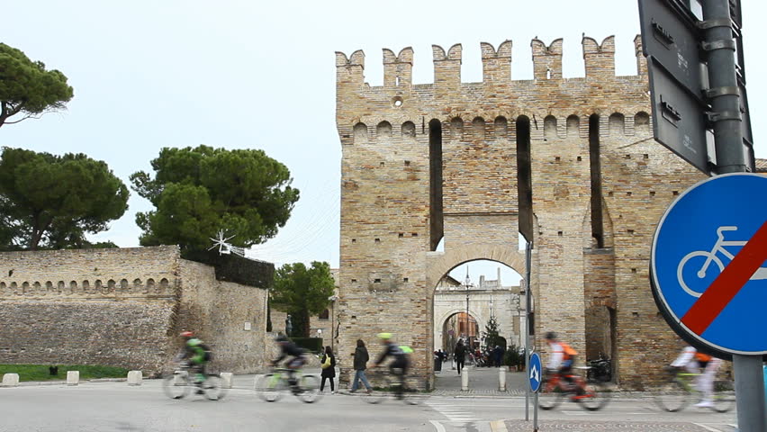 Fano Italy Roman remains Principal entrance Flaminia road from Rome w. cyclists