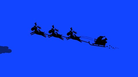 Santa Claus and his reindeers flying in the sky. Silhouette cartoon animation. Seamless loop.