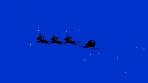 Santa Claus and his reindeers flying in the sky. Silhouette cartoon animation.