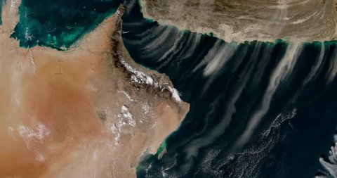 Very high-altitude overflight aerial of Persian Gulf and Gulf of Oman. Clip loops and is reversible. Elements of this image furnished by NASA
