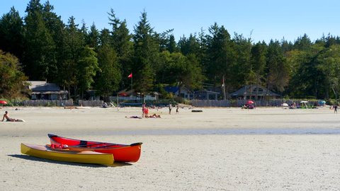 4K Summertime Beach Canoe on Sand, Vacation Water Travel Landscape, Island Sport