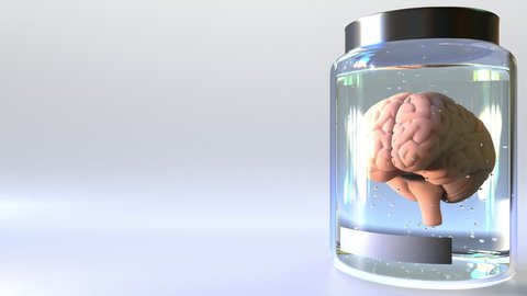 Human brain in a jar 3D animation. Scientific lab study or isolation concepts