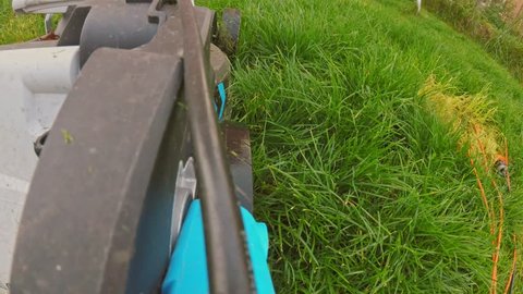 Mowing or cutting the long grass with a green lawn mower in the summer sun.