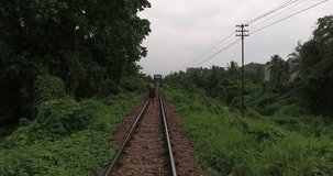 Video footage of female tourist with stylish rucksack on back walking straight on railroad laid out in exotic terrain with palm trees and green vegetation during tropical trip