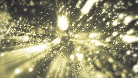 Space gold and green background with particles. Space golden dust with stars. Sunlight of beams and gloss of particles galaxies. Seamless loop.