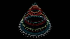 Stylized bizarre Christmas tree, black background composed of colored mechanical spiral wheels. Video wishes background, glow. Graphic abstract sci-fi stylization, Christmas symbol, key, matte, mask.