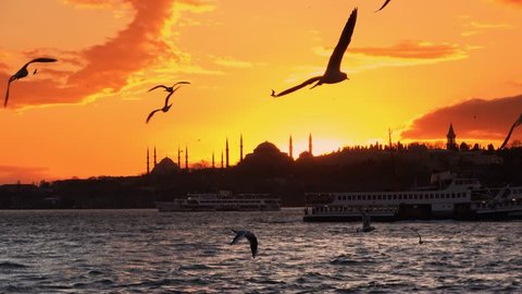 istanbul silhouette 4K sunset zoom out Hagia Sophia, Blue Mosque, Topkapi Palace, Maiden's tower and beautiful sunset istanbul bacround. Turkey Cityscape 