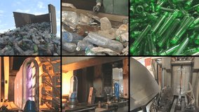 collage montage of video clips showing pet bottle recycling and production equipment in industrial factory. PAL video clips collection joined to HD.