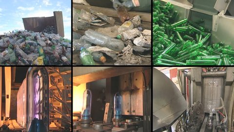 collage montage of video clips showing pet bottle recycling and production equipment in industrial factory. PAL video clips collection joined to HD. Video de stock