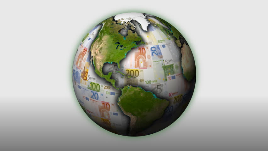A rotating Earth with Euros replacing the oceans.  Loopable!