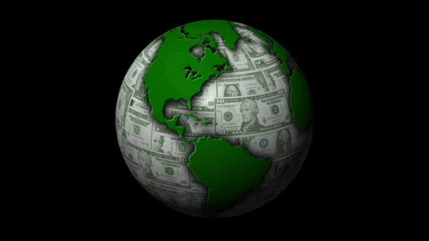 A rotating Earth with US currency replacing the oceans.  Loopable with Alpha