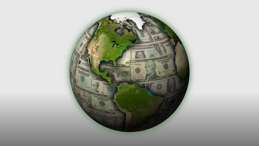 A rotating Earth with US currency replacing the oceans.  Loopable!