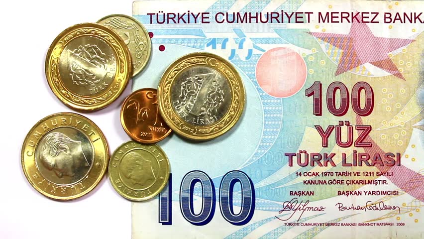 Turkish Money. Camera pans over Turkish coins to Ataturk Portrait. 
