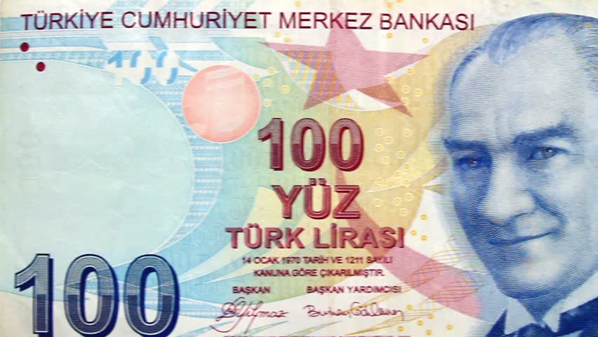 Turkish Lira Banknote. Camera pans left to right over 100 Turkish Lira Banknote.