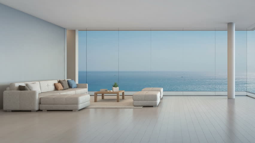 Large sofa on wooden floor near glass window with ocean and sky background at penthouse apartment, Lounge in sea view living room of modern luxury beach house or hotel - Home interior 3d illustration | Shutterstock HD Video #33818374