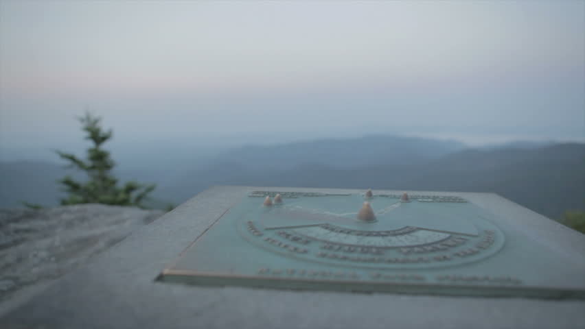 Mountain direction sign with view of the Blue Ridge Mountains on the parkway in North Carolina.
