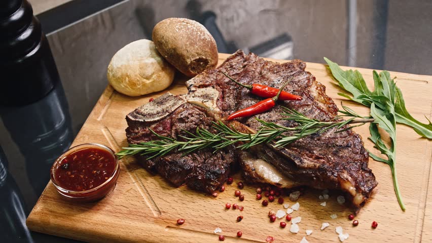 Juicy beef meat steak fillet on wooden plate with pepper, garlic and rosemary 4K in slow motion | Shutterstock HD Video #33819925