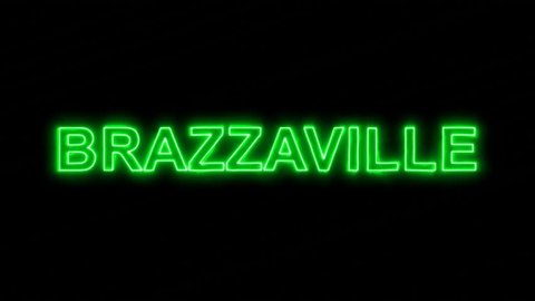 Neon flickering green capital name BRAZZAVILLE in the haze. Alpha channel Premultiplied - Matted with color black