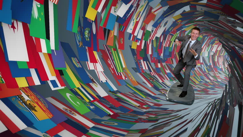 Businessman Surfing inside a Tube made of World Flags