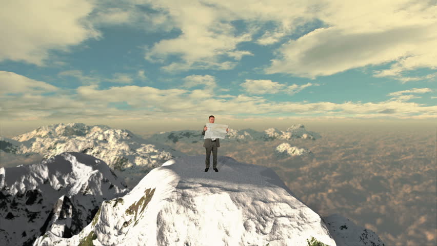 Lost Businessman with Map on top of the mountain above clouds
