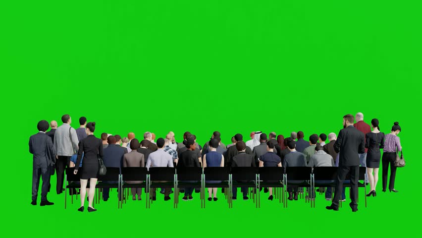 A Crowd of People or Audience Sitting and Standing  in Front of a Green Screen 3D Animation in Rear View Royalty-Free Stock Footage #3382131379