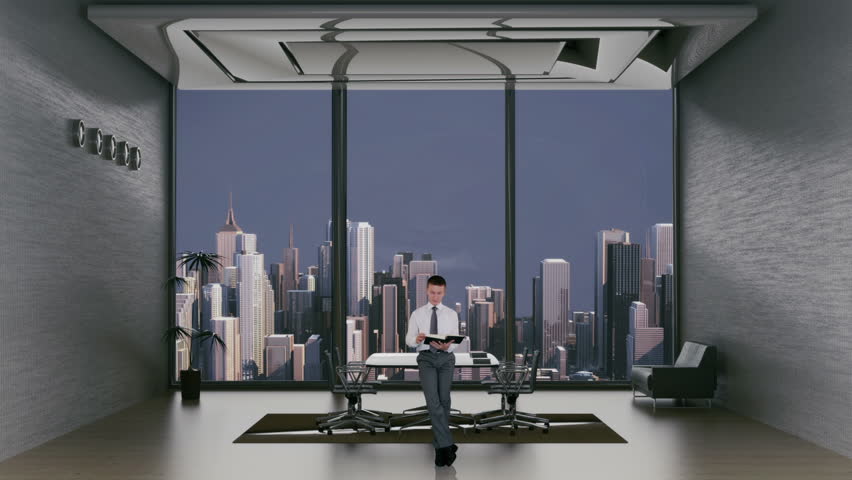 Young Lawyer Reading in Office Room with City Skyline in the Background