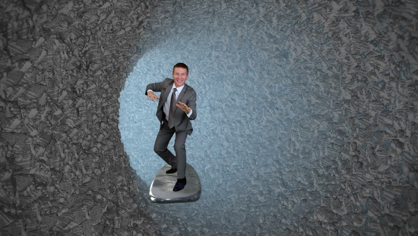Businessman Surfing inside a Tube of Crumpled Documents