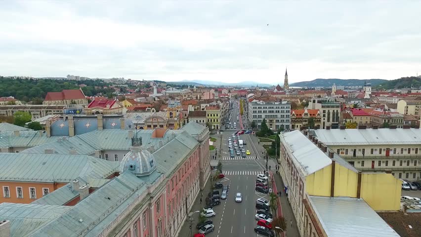 Aerial shot above downtown Cluj, Transylvania. Travel to Eastern Europe