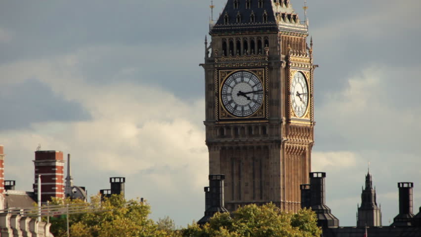 A stationary view of Big Ben clock tower in London. The dial part of it can be