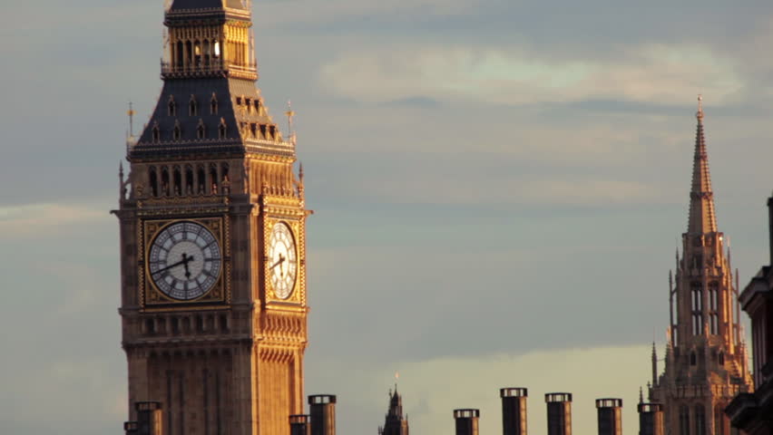 A stationary view of Big Ben clock tower in London. The dial part of it can be