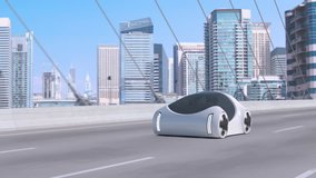 Futuristic unmanned electric car moving on bridge road on modern skyscrapers cityscape background. Future eco green transport city concept.